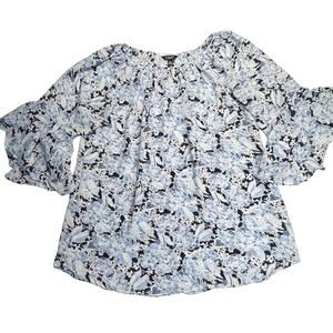 Chaps Blouse Women's Medium Tunic Floral Blue Bell Sleeves Keyhole Button Flowy